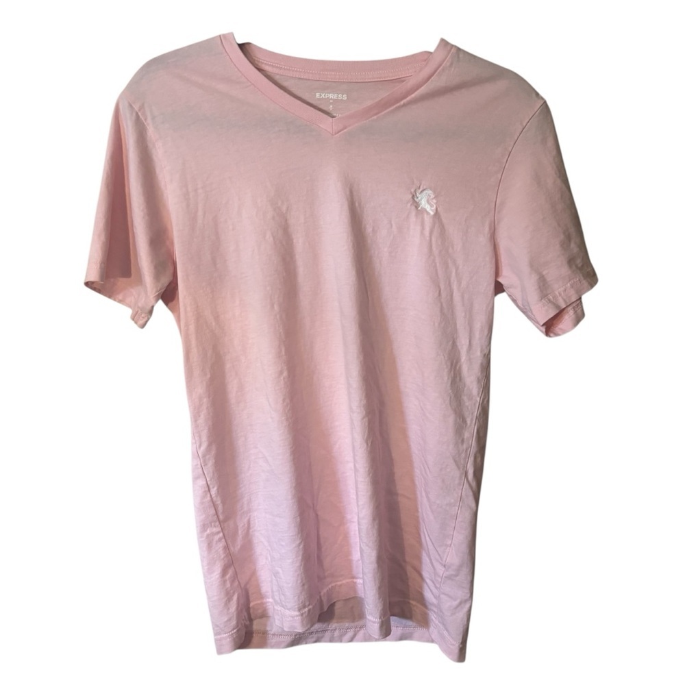 Express Men's Tee Small Light Pink V-Neck 100% Cotton White Emblem Short Sleeves